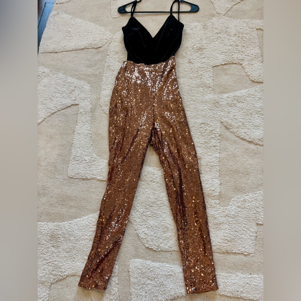 HOMAGE Black Velvet and Rose Gold Sequin Jumpsuit, Size S